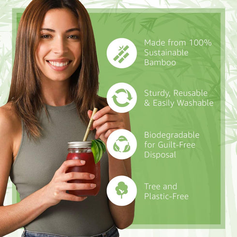 100% Bamboo Straws (10-Pack) - Biodegradable & Compostable 8 Inch Reusable Straws with Cleaner | FSC Certified, Eco Friendly | Hand Wash & Dishwas...