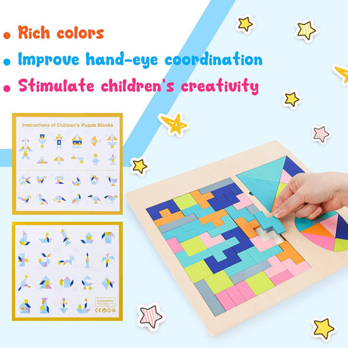 3 otters Wooden Puzzles Blocks, 3-in-1 Wooden Russian Blocks Geometric Tangram Montessori STEM Educational Toys Intelligence Brain Teasers Toy for...