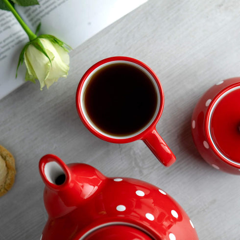 City to Cottage Handmade Red and White Polka Dot Ceramic Coffee, Tea, Latte Mug, Cup with Large Handle, Unique 7 oz / 200ml Designer Pottery for T...