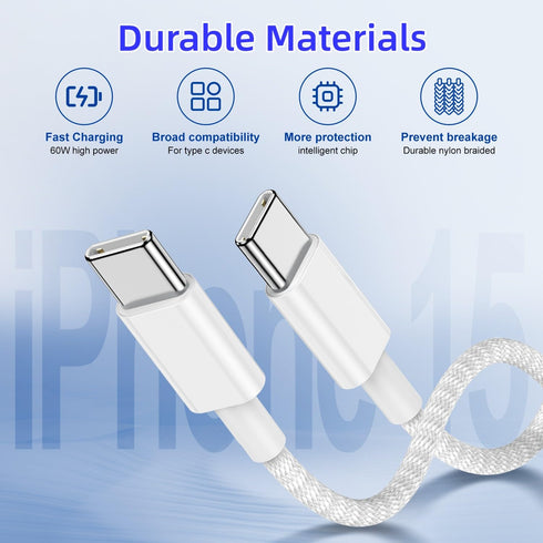 Type C to Type C Fast Charging Cable for iPhone15 pro,2Pack Nylon Braided USB C to USB C 10 feet Charger Cable for iPhone15 pro max/iPhone15 Mini/...