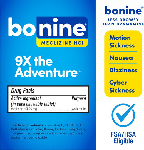 Bonine Non-Drowsy Motion Sickness Relief - Chewable Tablets with Meclizine HCL 25mg - Non Drowsy Medicine for Nausea or Motion Sickness - Cruise E...