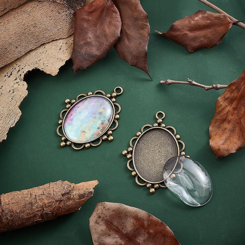 PH PandaHall 5pcs Pendant Tray Oval Charms Cabochon Bezel and 5pcs 40x30mm Glass Cabochon Dome Tiles Clear Cameo Memorial Photo Pendant for Bouque...