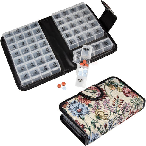 Floral Pill Case Box, 14 Day Pill Holder Pill Container & Medication Organizer, Travel Case - 4 Marked Compartments for Each Day of The Week - Mor...