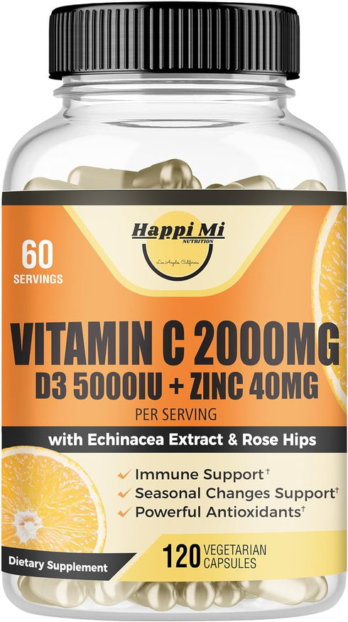 Vitamin C 2000MG, Zinc 40 mg, Vitamin D3 5000 IU, Echinacea Extract, Rose Hip, Immune Support for Adults & Kids, Immune Booster,120 Vegan Caps, 60...