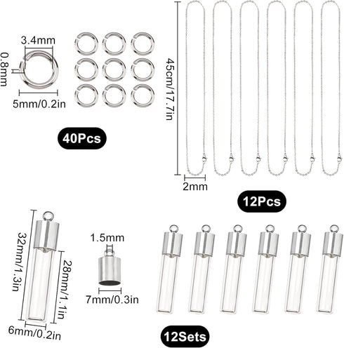 SUNNYCLUE 64Pcs DIY 12 Sets Vial Necklace Making Kit 6mm Dia. Hourglass Vial Pendants Handmade Clear Glass Memory Wish Bottle Charms for Jewelry M...