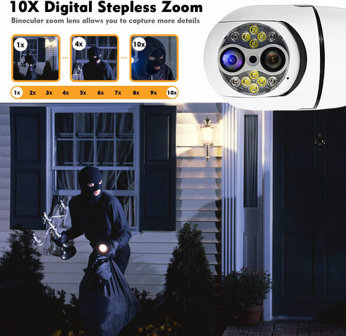 10X Hybrid Zoom Light Bulb Security Camera, 2MP Light Socket Security Camera Outdoor Indoor, Wireless WiFi Home Security Cameras, Full Color Night...