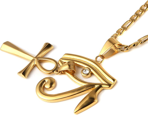 HZMAN Gold Stainless Steel Eye of Horus Egypt And Coptic Ankh Cross Religious Pendant Necklace 24" Figaro Chain...