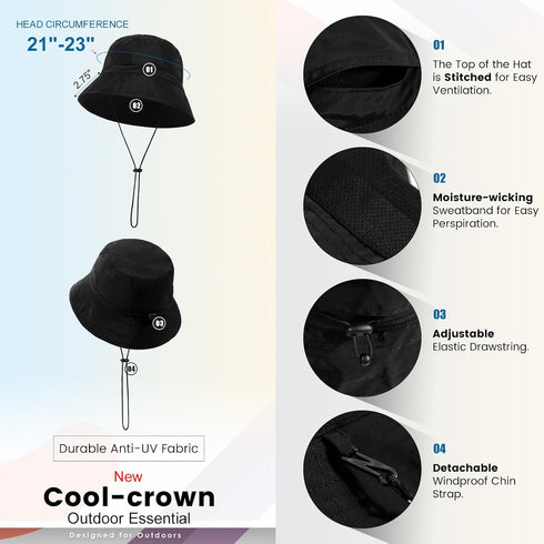 Waterproof Packable Sun Bucket Hat UPF 50+ UV Protection for Men Women Foldable Fishing Hiking Hats Black...