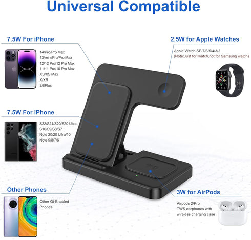 3 in 1 Wireless Foldable Charging Station,Folding Fast Charger Dock Stand for Apple iPhone 14/13/12/11/Pro/Max/XS/XR/X/Plus/Apple Watch 7/6/5/4/3/...
