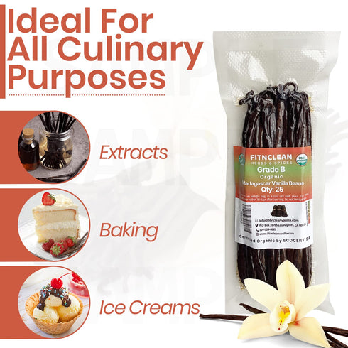 25 Organic Madagascar Vanilla Beans Grade B. Certified USDA Organic. 5"-7" Bulk by FITNCLEAN VANILLA| Bourbon Whole NON-GMO PODS....
