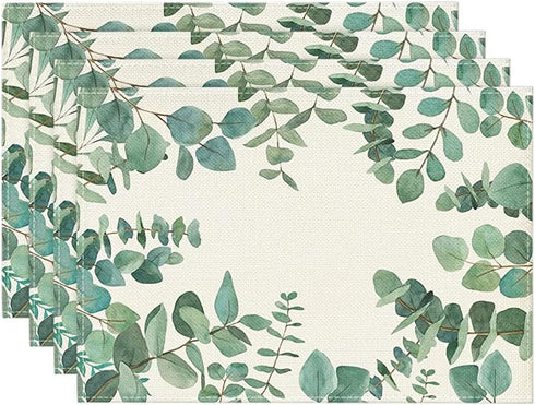 Artoid Mode Eucalyptus Leaves Summer Placemats for Dining Table, 12 x 18 Inch Spring Seasonal Holiday Rustic Vintage Washable Table Mats Set of 4 ...