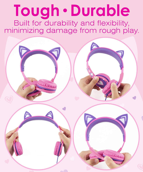 FosPower Kids Headphones with LED Cat Ears (Safe Volume Limit 85 dB), 3.5mm On-Ear Wired Headphones with Laced Tangle-Free Cables for Boys/Girls/S...