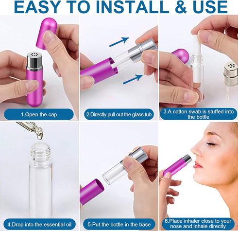 6 Pack Aromatherapy Nasal Inhaler Tubes for Essential Oils, Portable Reusable Blank Aluminum Nasal Inhalers with 2 Mini droppers 24 Cotton Wicks a...