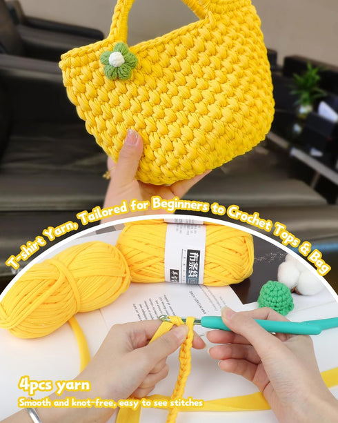 Katech 4 Pack 100g T Shirt Yarn Kit, Fabric Yarn for DIY Hand Knitting, 130 yds Spaghetti Yarn Yellow Crochet Cloth Yarn for Crocheting Bag & Bask...