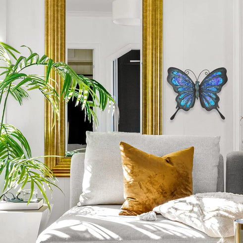 HONGLAND Metal Butterfly Wall Decor Outdoor Indoor Art Sculpture Hanging Glass Decorations Blue for Home Garden Bedroom...