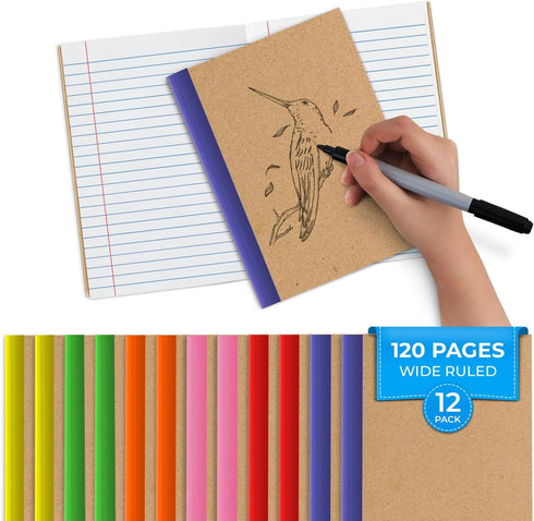 12 Pack Kraft Journals Bulk, 8 x 5.7, Extra Pages - 120 Pages (60 Sheets), Wide Ruled, No Bleed Thick Paper, Small Composition Notebook for School...