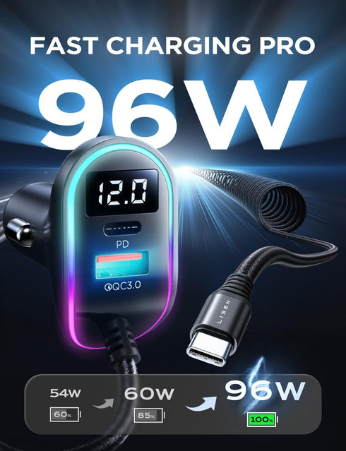 LISEN USB C 96W Super Fast Car Charger PD& QC3.0 with 5.3ft 36W Type C Coiled Cable,Car Phone Charger Adapter for iPhone 15 Pro Max Plus, Samsung ...