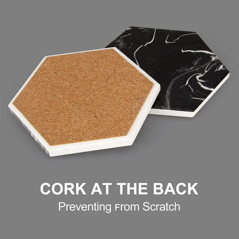 Cool Black Marble Coaster Set with Holder Hexagon Absorbent Coasters Modern Ceramic Coster 6 Pack Best Stone Drink Coaster Beverage Coffee Table D...