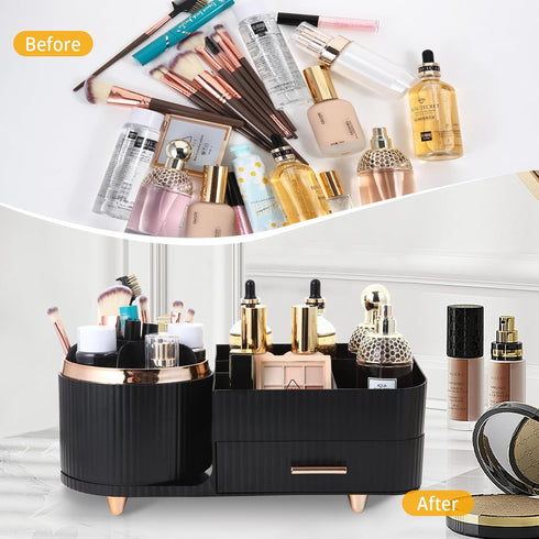 Makeup Organizer Countertop with Drawers 360 Rotating Makeup Brush Holder Large Capacity Skincare Organizer for Vanity Desk, All Black...