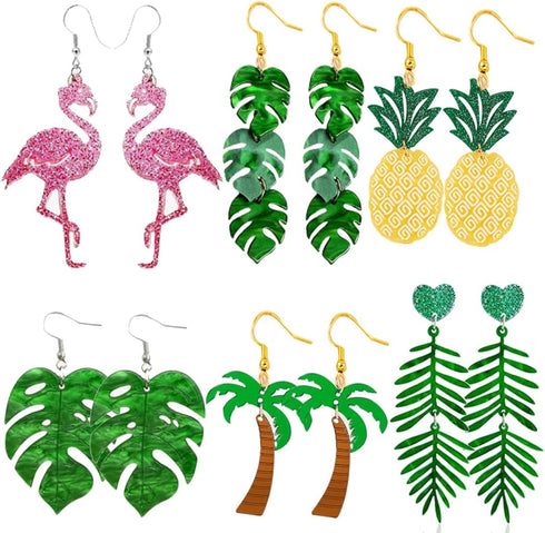 6 Pairs Tropical Earrings for Women Coconut Palm Leaf Dangle Earrings Green Plant Pineapple Flamingo Hawaiian Earrings...