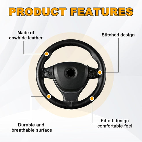 Leather Steering Wheel Cover, Stitch On Wrap, Breathable Anti-Slip Car Steering Wheel Protector for Max Diameter 15'', DIY Sewing with Needle Thre...