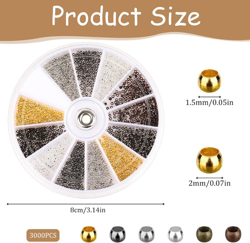 3000 Pcs Crimping Beads Kit for Jewelry Making, 1.5mm/2mm Mini Copper Seed Beads Multicolor Round Metal Spacer Beads Jewelry Findings for Bracelet...