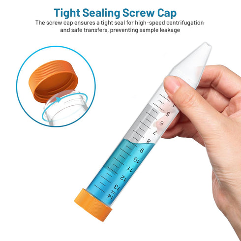 Conical Centrifuge Tubes 15mL, 100Pcs Sterile Polypropylene Test Tubes, Leak-Proof Screw Caps, Plastic Container with Graduated & Write Marks, Non...