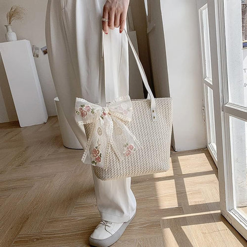 Women Large Straw Beach Tote Bag Summer Hand-woven Bags Shoulder Bag Leather Handle Beach Handbags with Cute Lace Bow Small (White)...