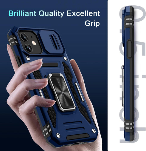 DEERLAMN for iPhone 12 Case,iPhone 12 Pro Case with Slide Camera Cover+Screen Protector(2 Packs),Rotated Ring Kickstand Military Grade Shockproof ...