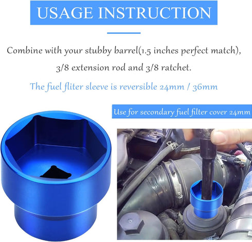 Oil Filter Socket 24mm / 36mm Reversible Fuel Filter Cap Remover and Installer Assistant Compatible with 6.0L / 6.4L Ford Powerstroke Diesel 2003-...