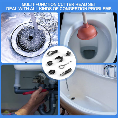 7PCS Drain Cleaner Combination Cutter Head Set,16mm Manganese Steel Spring Automatic Locking Drain Dredging Cutter Head Accessories for Drain Clea...