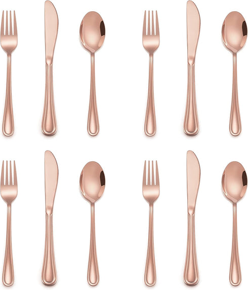 12-Piece Copper Kids Silverware, E-far Stainless Steel Toddler Kids Utensils Safe for Preschooler/Children, Includes 4 Forks 4 Spoons 4 Knife, Sli...