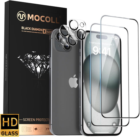 MOCOLL for iPhone 15 Plus Screen Protector with Camera Lens Protector, 6.7 inch Tempered Glass Film, Dynamic Island Compatible, Edge to Edge Prote...