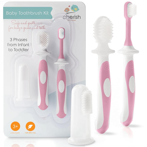 Cherish Baby Care Baby Toothbrush & Toddler Toothbrush Set (0-2 Years) - BPA-Free & Safety-Tested, 2023 Award Winner, Food-Grade Silicone (Pink)...