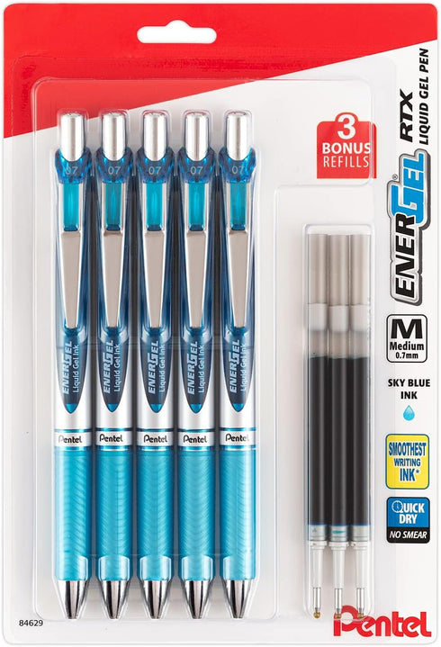 Pentel EnerGel 0.7 mm Liquid Gel Ink Pens - Pack of 5 Sky Blue Deluxe RTX Energel Pens with 3 Refills...