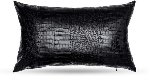 Black Crocodile Skin Faux Leather Pillow Cover - Sofa Cushion Case - Decorative Modern Throw Covers for Living Room & Bedroom - 12x20 Inches - Bla...