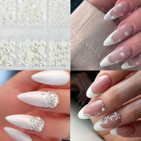 4 Boxes Flatback Rhinestones and Pearls Nail Charms for Acrylics - Crystals, Half Rounds, and Accessories for DIY Nail Art Decor...