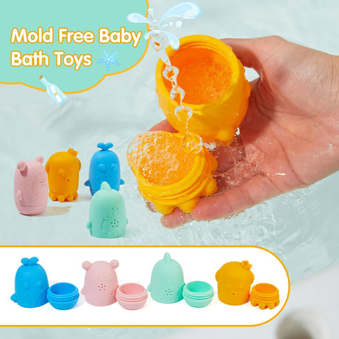Mold Free Bath Toys for Babies 6-12 Months, 4 Pack Silicone Squirting Bath Toy for Baby, Water Pool Toys for Toddlers 1-3, Non Toxic Infant Bathtu...