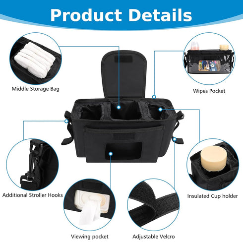 Accmor Universal Stroller Organizer with Insulated Cup Holder and Shoulder Strap, Stroller Caddy Bag Stroller Cup Holder Attachment for Uppababy, ...