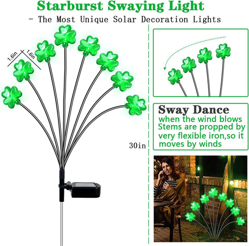 St Patricks Day Outdoor Decorations Solar Shamrocks Lights, 2Pack 16Led Green Lucky Clover Swaying Lights Solar Garden Stake Lights for St Patrick...