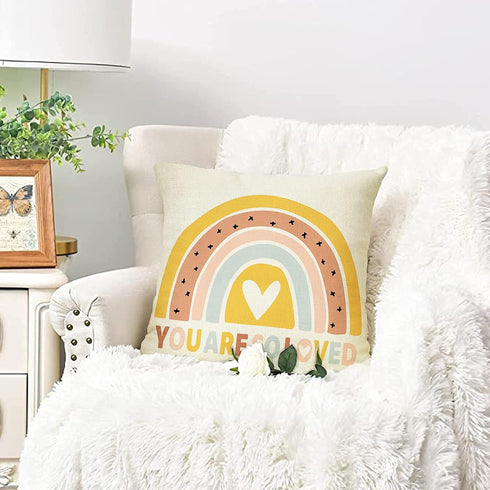Boho Rainbow Home Decorative Throw Pillow Cover, You are So Loved Inspirational Quote Heart Cushion Case 18x18 for Girls Kids Bedroom Nursery Deco...