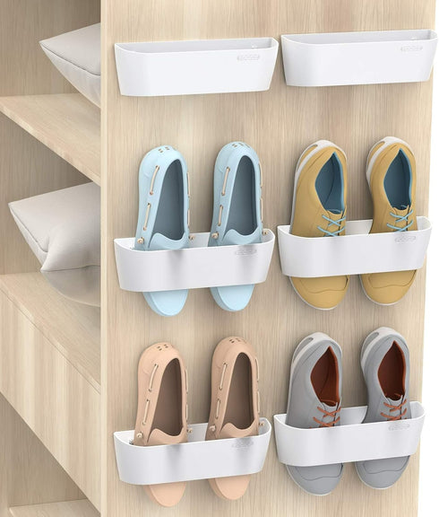 Wall Mounted Shoes Rack 6Pack with Sticky Hanging Strips, Plastic Shoes Holder Storage Organizer,Door Shoe Hangers (SM03-White-6)...