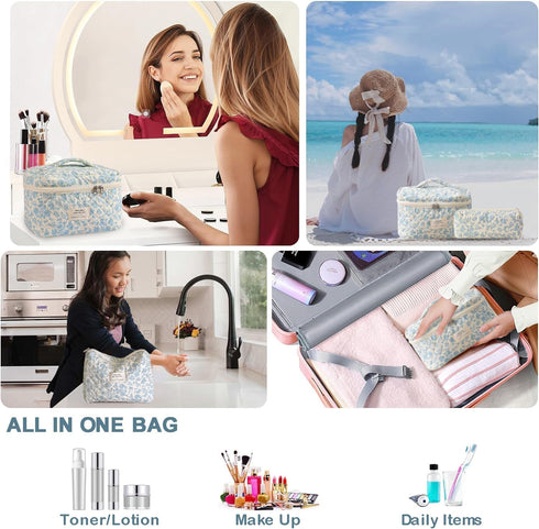 3 Pcs Cotton Quilted Makeup Bag Set, Floral Cotton Cosmetic Bag, Aesthetic Toiletry Travel Organizer Bag for Women...