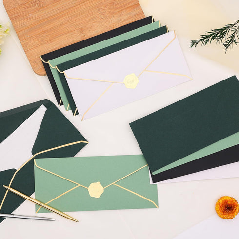 50 pcs Sage Green Business Envelope with V-Flap, Gold Border & Golden Sticker, 10 Self Adhesive Envelopes for Office, Checks, Letter Mailing, Invo...