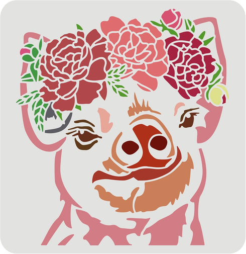 FINGERINSPIRE Pig and Flower Stencil 11.8x11.8inch Reusable Pig Pattern Stencil for Painting DIY Craft Farm Animal Decoration Stencil for Painting...