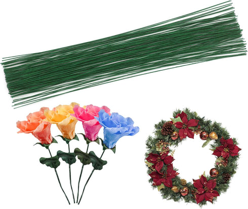 Cinvo Stem Wire - 100 Counts Floral Paper Wrapped Wire, 14 Inch, 22 Gauge, Dark Green...