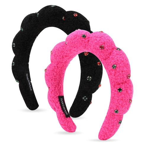 Wecoe 2pcs Rhinestone Skincare Headbands For Washing Face Hot Pink Black Fluffy Spa Headbands Makeup Headband Face Wash Puffy Sponge Bubble Headba...
