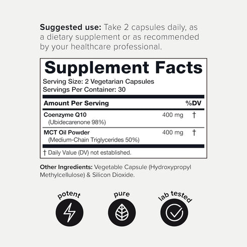 Ultra High Purity CoQ10 400mg - 98% Purified Third-Party Tested CoQ10 Supplement with MCT Oil for Added Bioavailability - High Absorption Coenzyme...