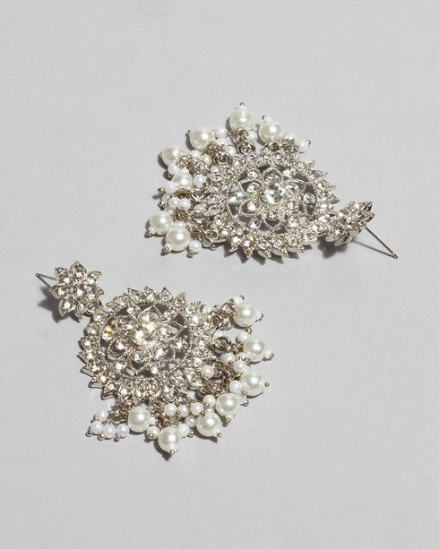 Silver Toned Indian Headpiece Maang Tikka With Earrings For Women...