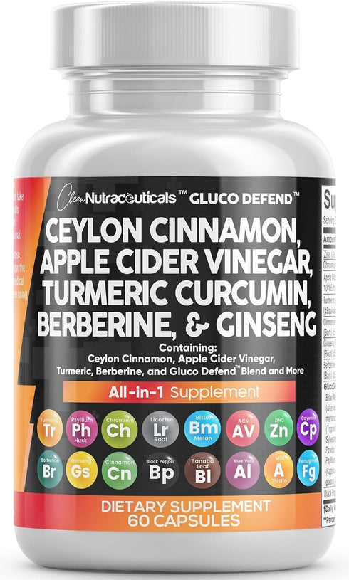 Clean Nutraceuticals Ceylon Cinnamon 3000mg Turmeric 3000mg Apple Cider Vinegar 3000mg Ginseng 2000mg Berberine 1200mg Plus Bitter Melon Gymnema M...
